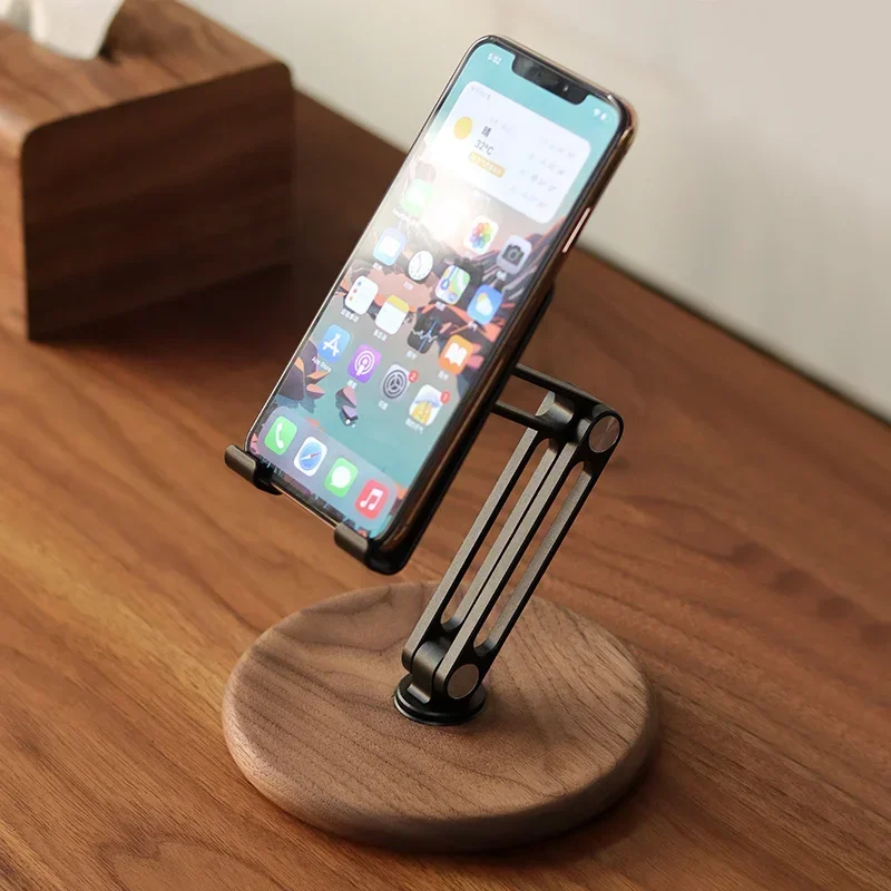 

Adjustable Mobile Phone and Tablet Support Frame 360 Rotatable Black Walnut Desktop Bracket Suitable for IPad and Tablets