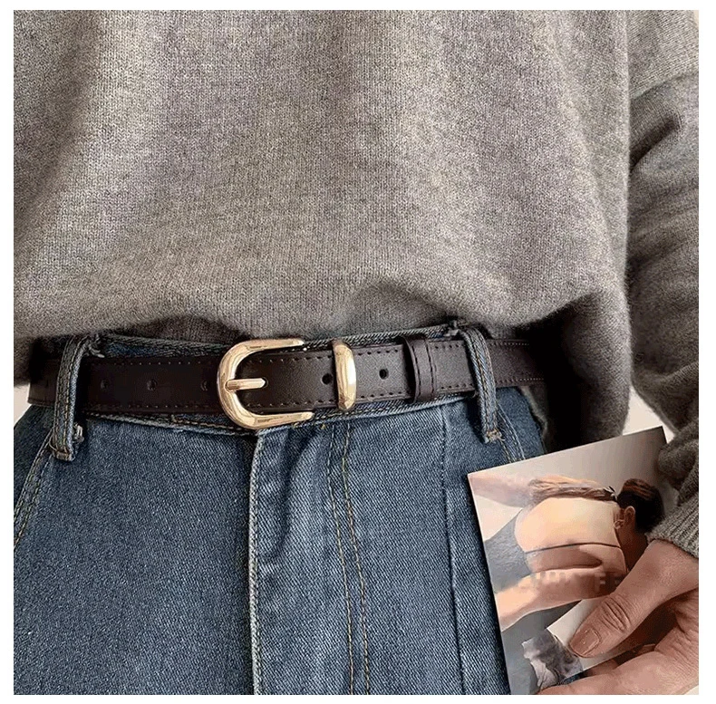 Women's Black Leather Belt Versatile High-End Retro Style Casual Waist Accessory for Jeans Summer Student Fashion