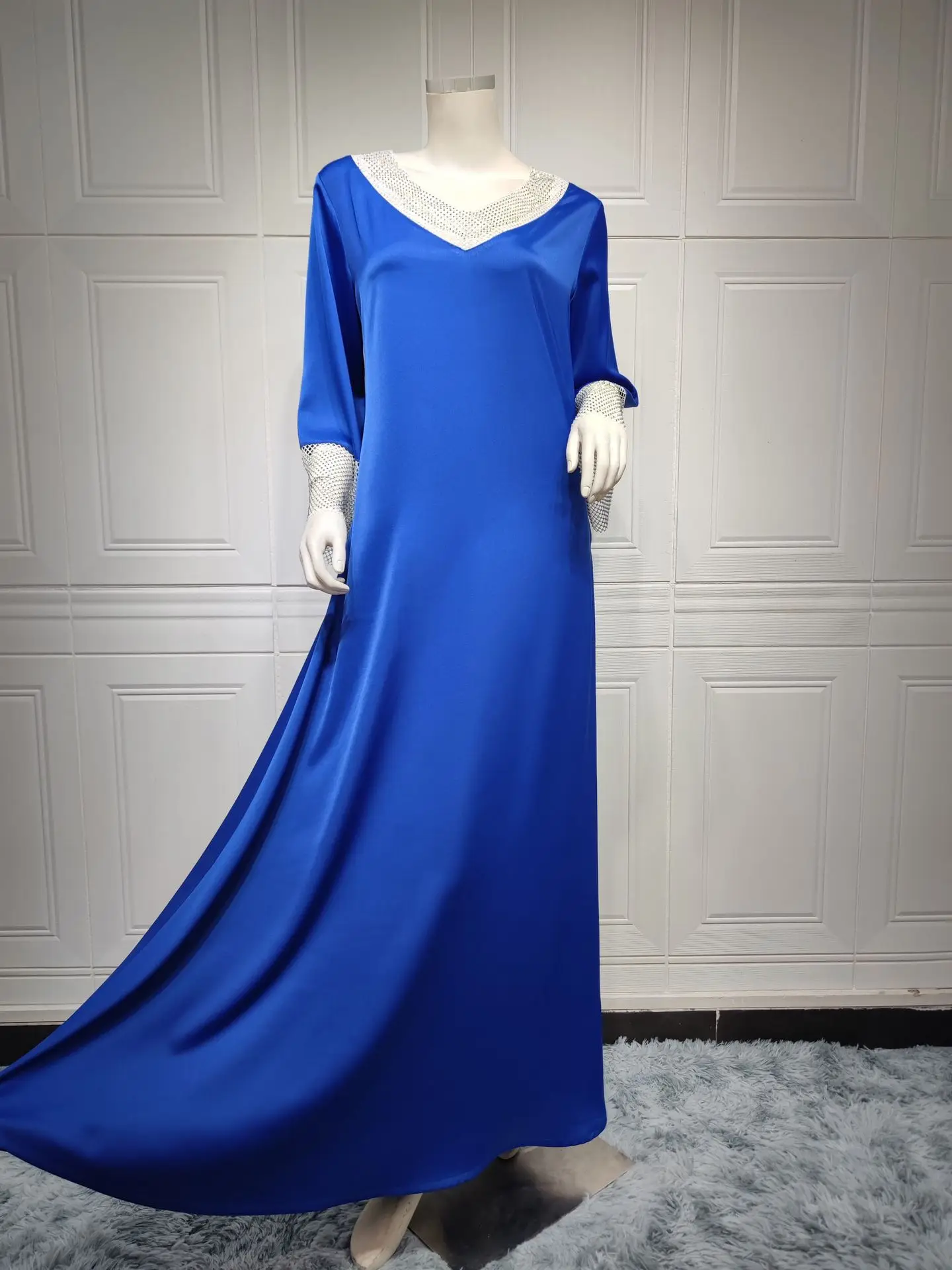 

Maxi Dresses Women Summer 2023 V Neck Flare Sleeve Satin Elegant Luxury Formal Occasion Party Evening Blue Dress Women