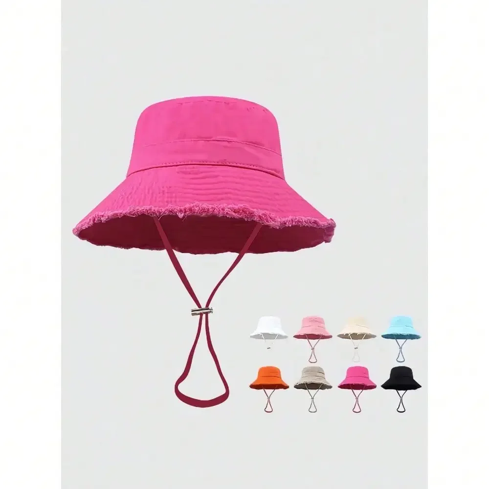 

1pc Women's Drawstring Frayed Brim Bucket Hat, Soft Fabric, Windproof Sunscreen, Outdoor Fashion Gift
