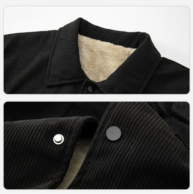 Winter-Fleece-Warme-Cordjacke für Herren, Revers-Cargojacke mit Innentasche, Arbeitsjacke mit Knöpfen, Dicker Grüner Mantel mit Taschen, Oberteile für Männer, S-4XL – Detail 5