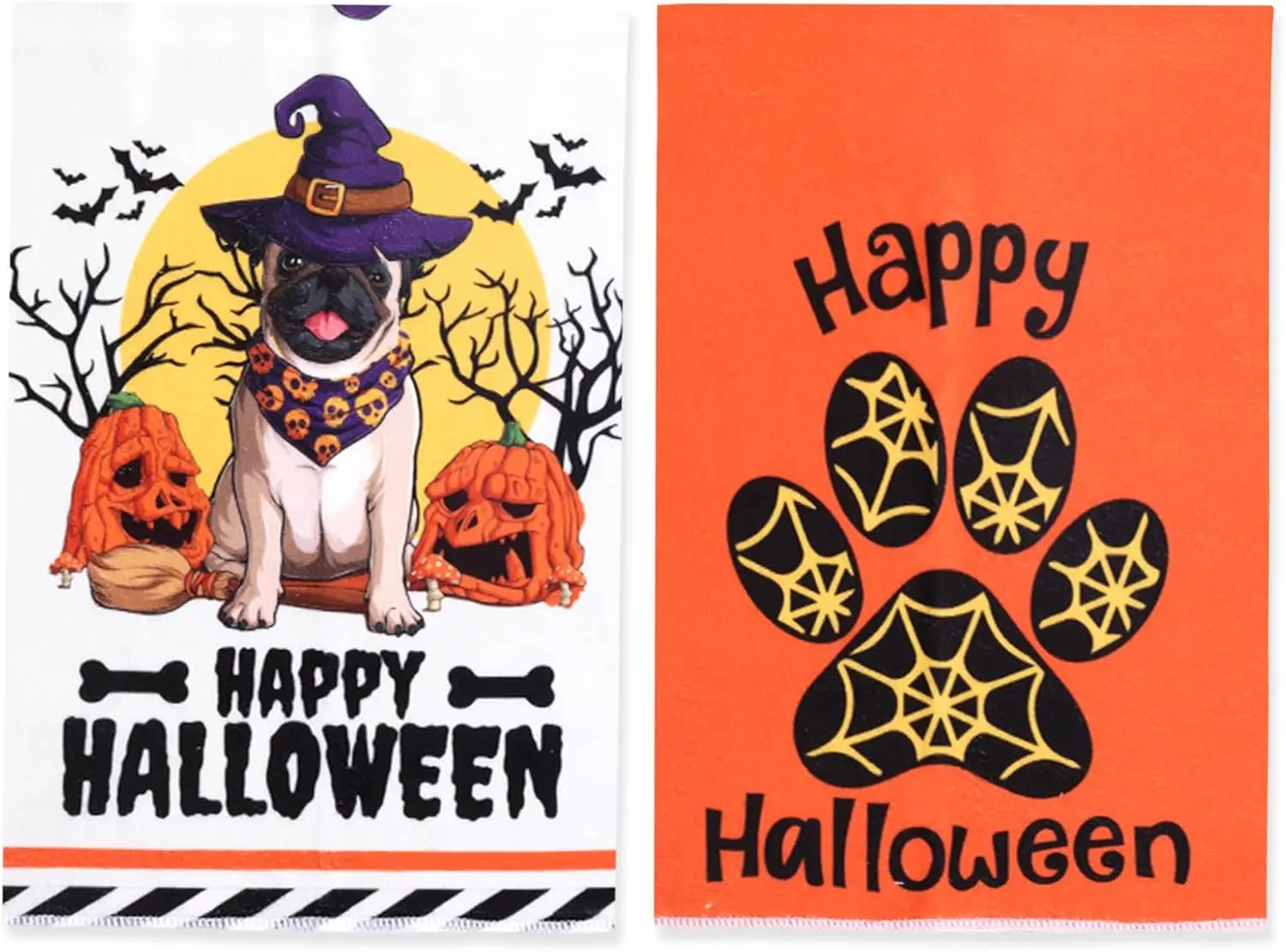 Funmemoir 2Set Halloween Dog Theme Kitchen Towels Orange Dish Tea Hand Towels, Kitchen Bathroom Dining Room Decor Supplies