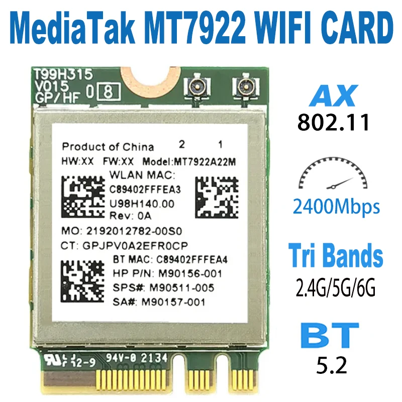 

MT7922 Wi-Fi 6E wireless LAN card 2400Mbps wifi network card 2.4G 5G 6G 802.11AX M.2 NGFF for Bluetooth 5.2 MU-MiMO adapter