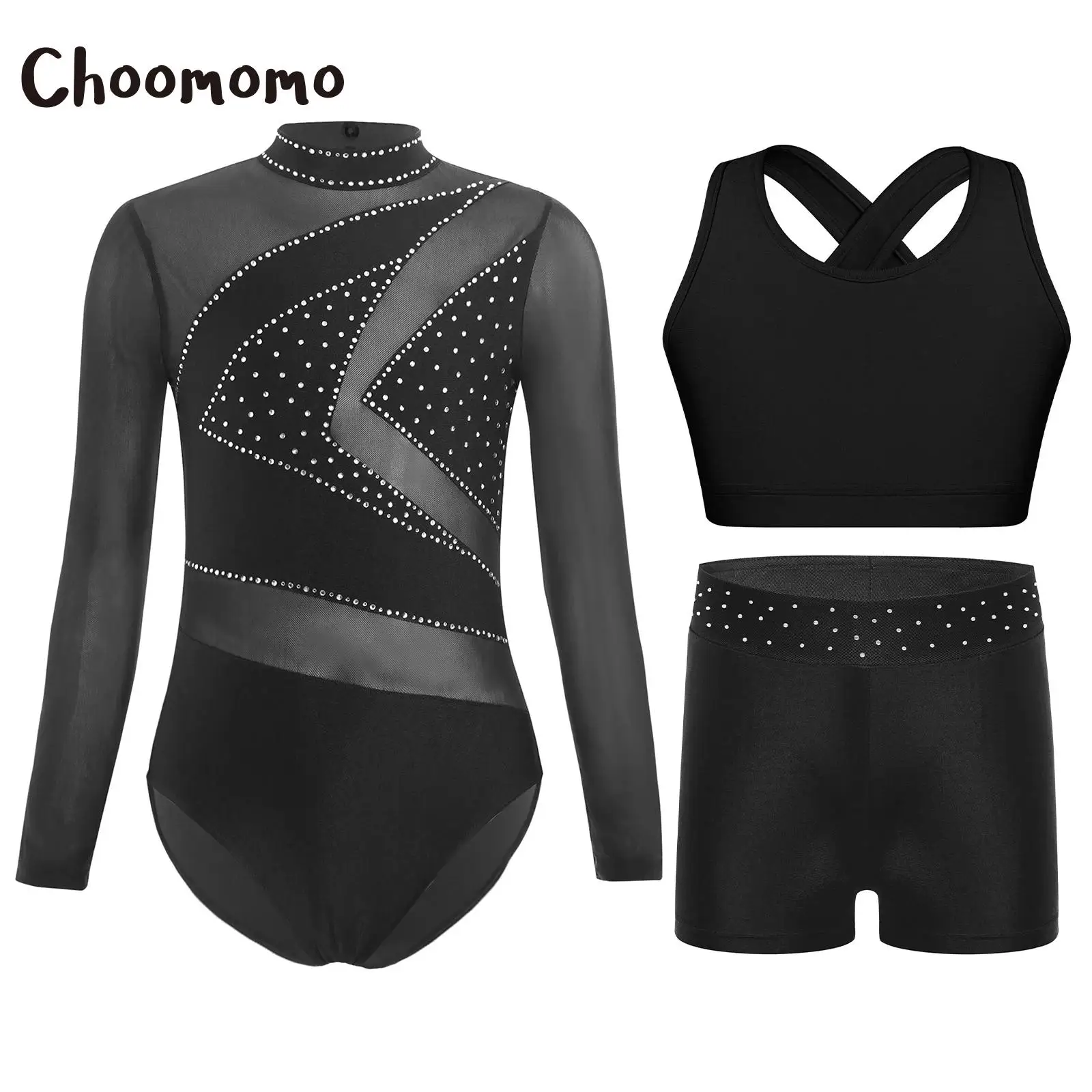 

Kids Girls Ballet Gymnastics Sets Figure Skating Performance Costume Outfits Long Sleeve Rhinestone Leotard with Cross Back Vest
