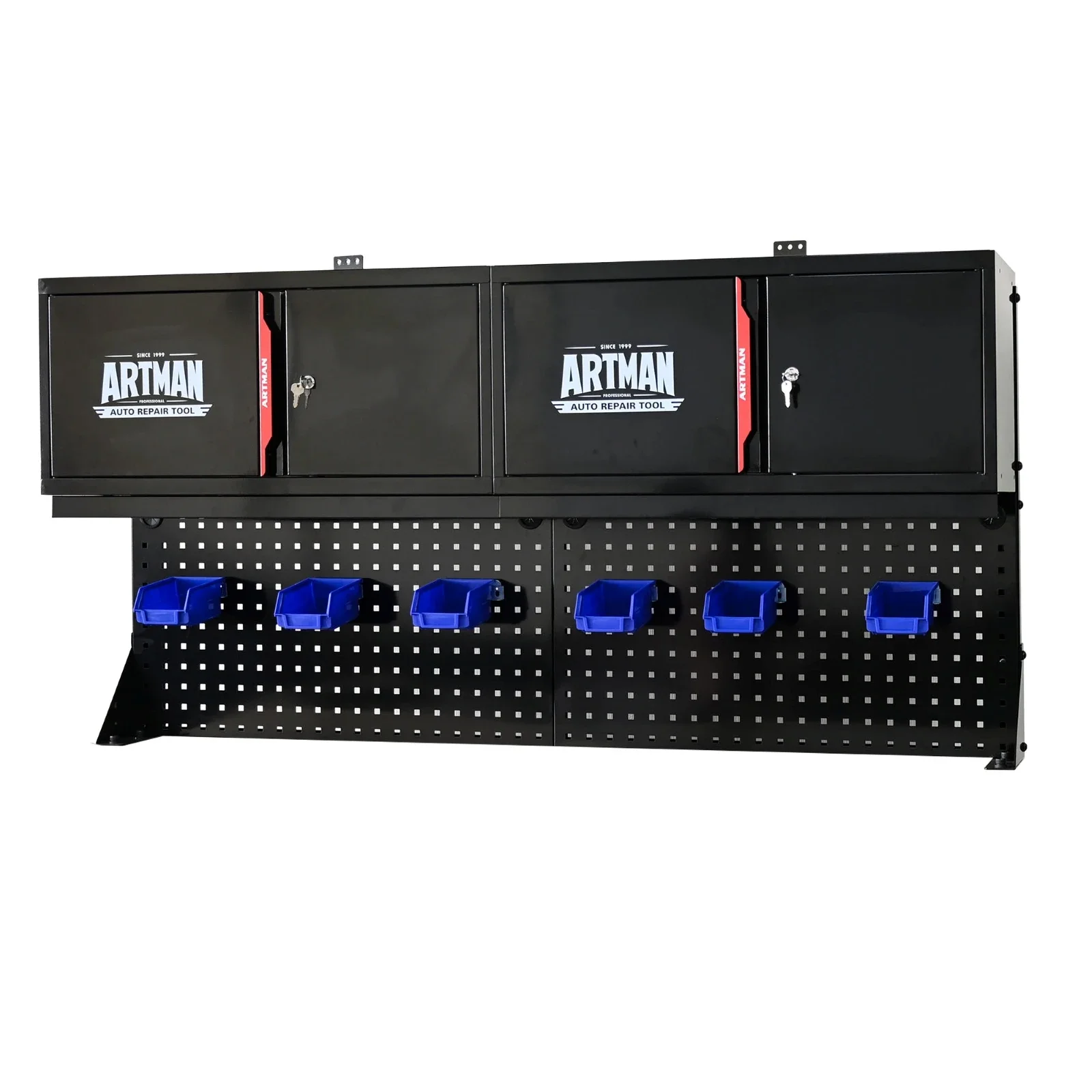 

Wall Mounted Two Door Cabinet with Tool Shelf, Storage Shelf, Wall Mounted Stainless Steel Perforated Plate - Black and Red