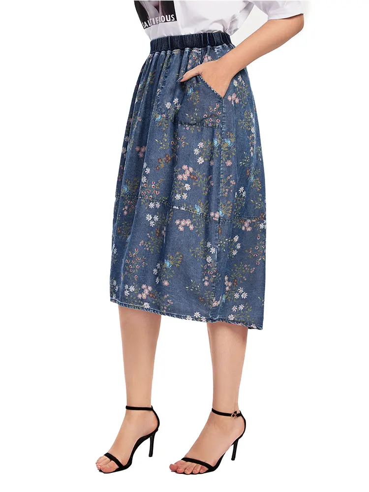 Saia jeans casual feminina plus size cintura alta linha na altura do joelho azul vintage saias largas para mulheres plus size