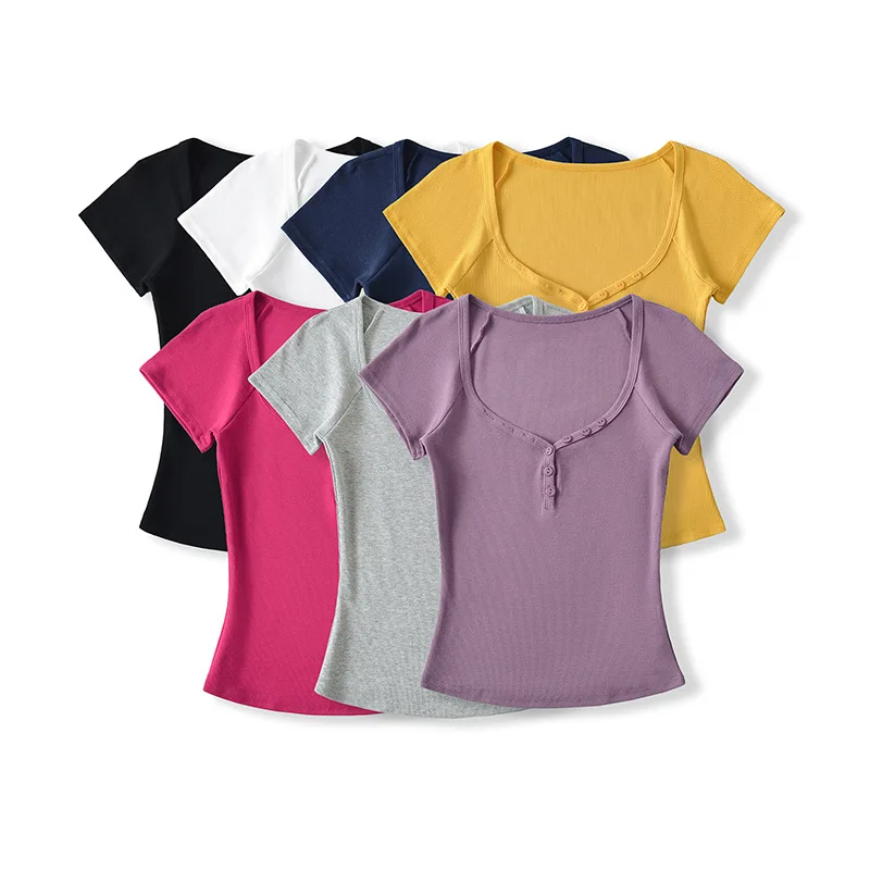 Sexy Short-Sleeve Top with Heart-Shaped Neckline for Women Summer 2025 New Style Front-Buttoned Slim-Fit Short T-Shirt   EIGI
