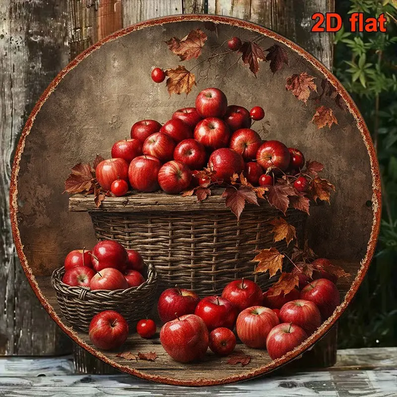 2D Flat - 1pc 8*8In/20X20Cm 2D Flat Round Sign, Vintage Plaque about Harvest Apples, Autumn Fruit Basket Decorative Sign, Suitab