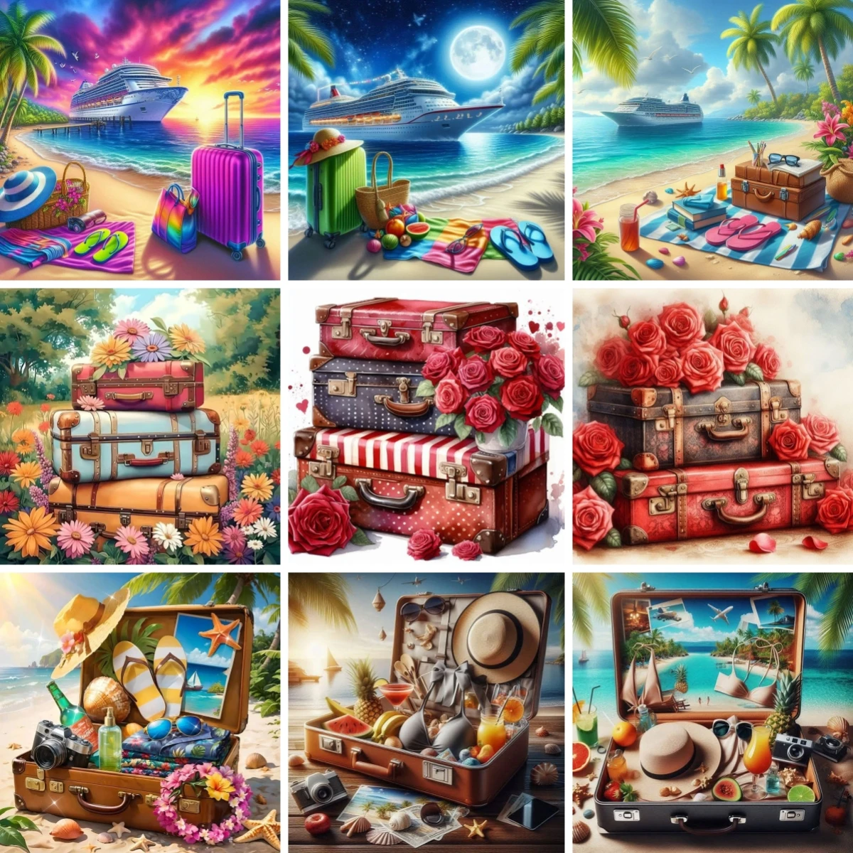 

5D Diy Full Diamond Painting Tropical Beach Luggage Vacation Suitcase Picture Diamond Embroidery Mosaic Wall Art Decor