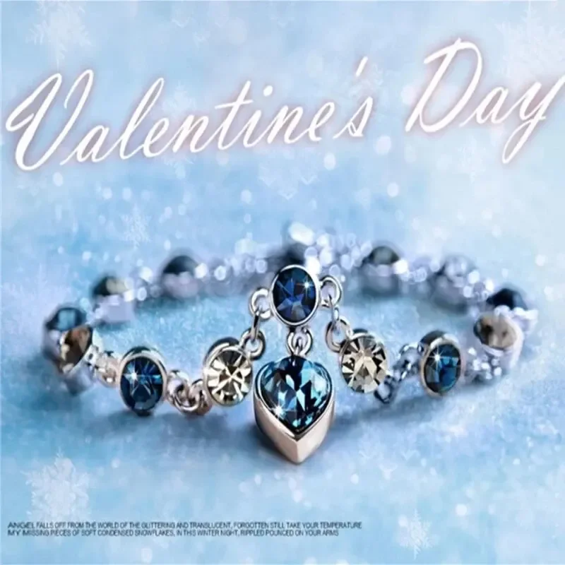 Women 925 Silver Lucky Bracelet Female Blue Crystal Heart Charm Pulseras Bracelet Bridal Wedding Engagement Fine Jewelry Gift