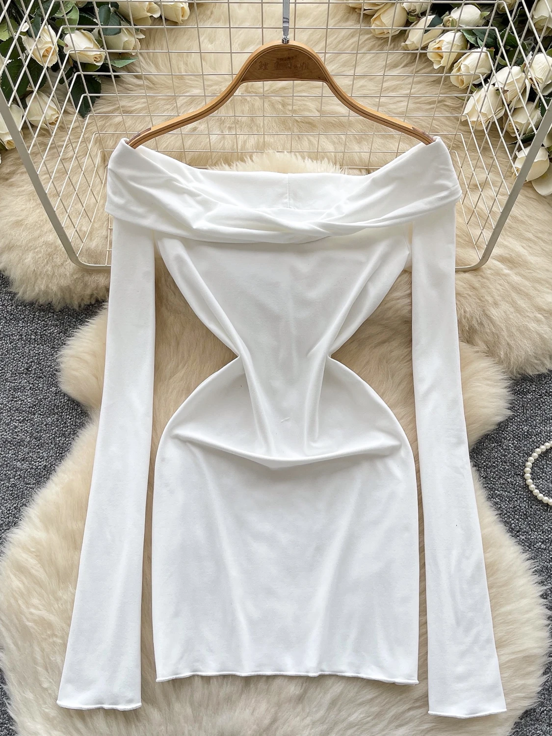 

Foamlina Pure Desire Kink Lapel Off Shoulder Long Sleeve Tight Dress Women's Elastic Bodycon Spice Girls Bottom Short Skirt