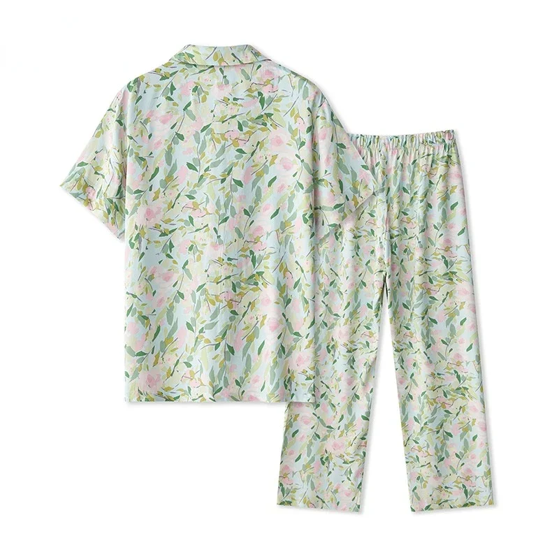 2022 New Satin Pyjamas Women Short Sleeve + Trousers Pajama Set Green Floral Print Sleepwear Viscose 2 Piece Home Service Suit