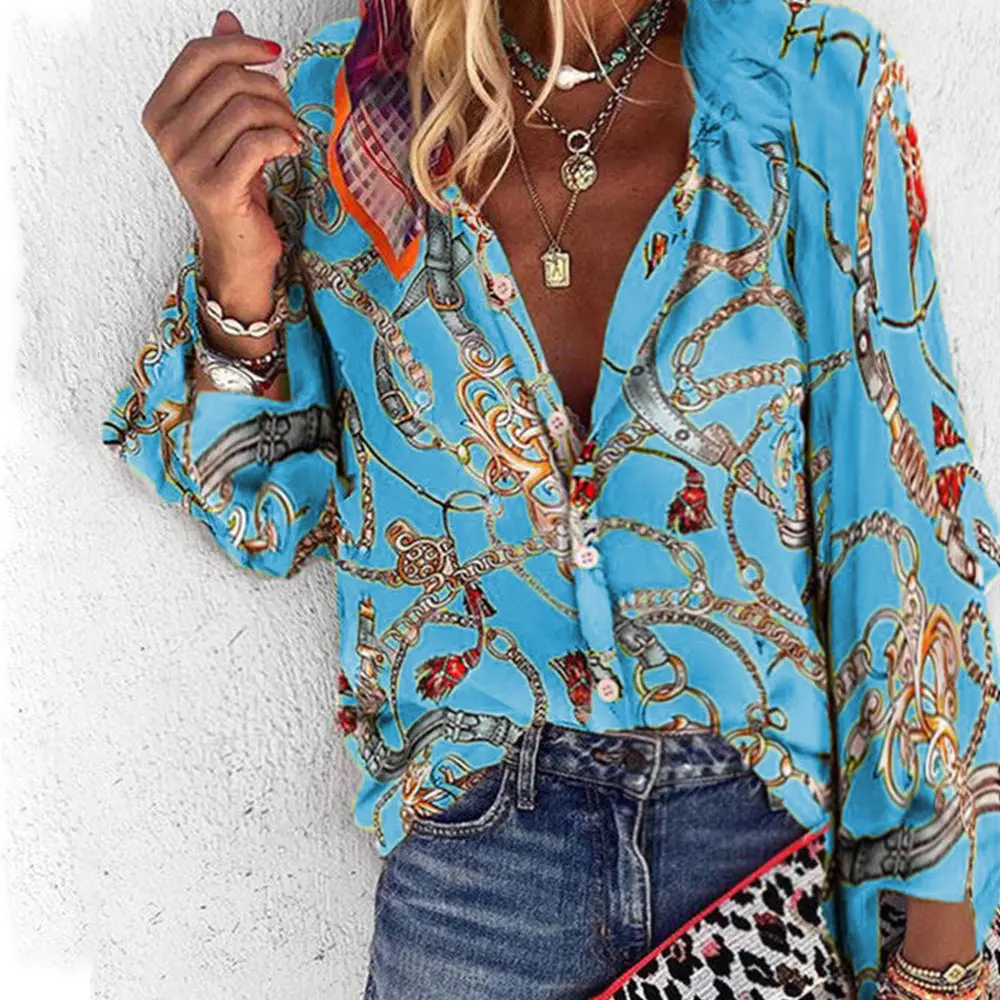 2023 Womens Autumn Winter V Neck Chain Shirt Long Sleeve Ladies Casual Loose Blouse Tops High Quality Clothing Clothes Plus Size