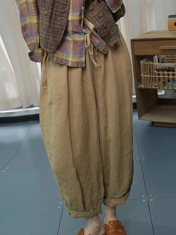 Lente Nieuwe Retro Etnische Artistieke Elastische Taille ket Pure Kleur Veelzijdige Afslanken Casual Broek vrouwen Hoge Taille Harlan Pa...