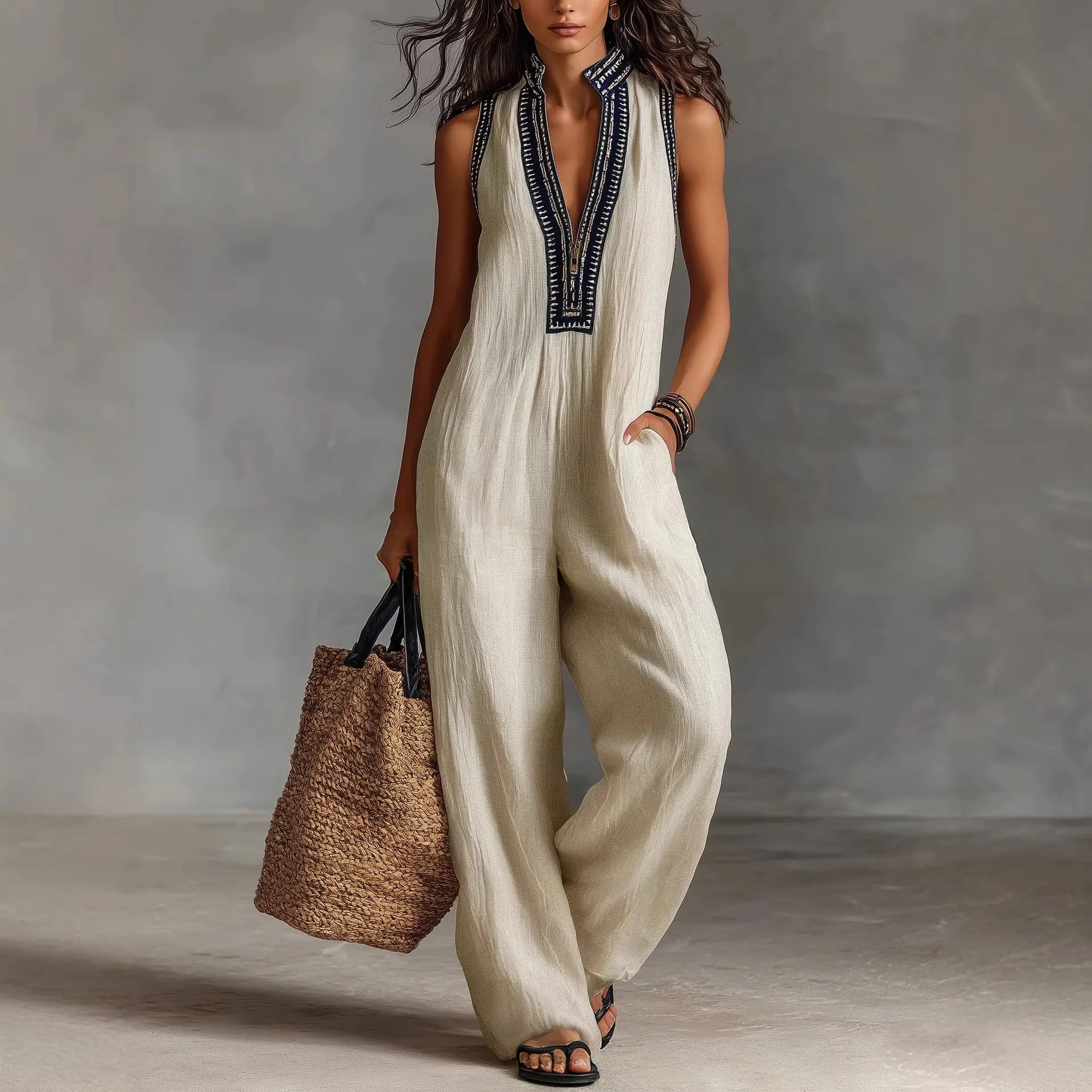 

Elegant High Street Linen Cotton Jumpsuit Casual Sleeveless Stand Collar Loose Party Playsuits Fashion 2026 Solid Romper