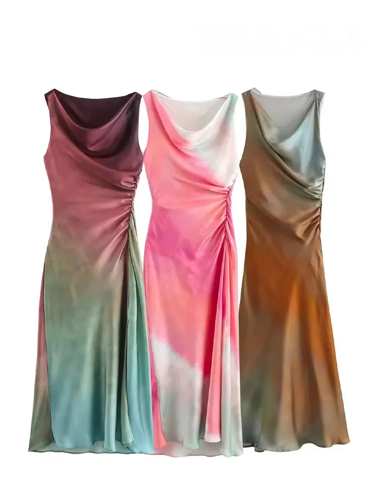 Hh feminino novo chique elegante cetim impressão tie dye midi vestido mulher moda noite sem mangas bainha dobras vestidos
