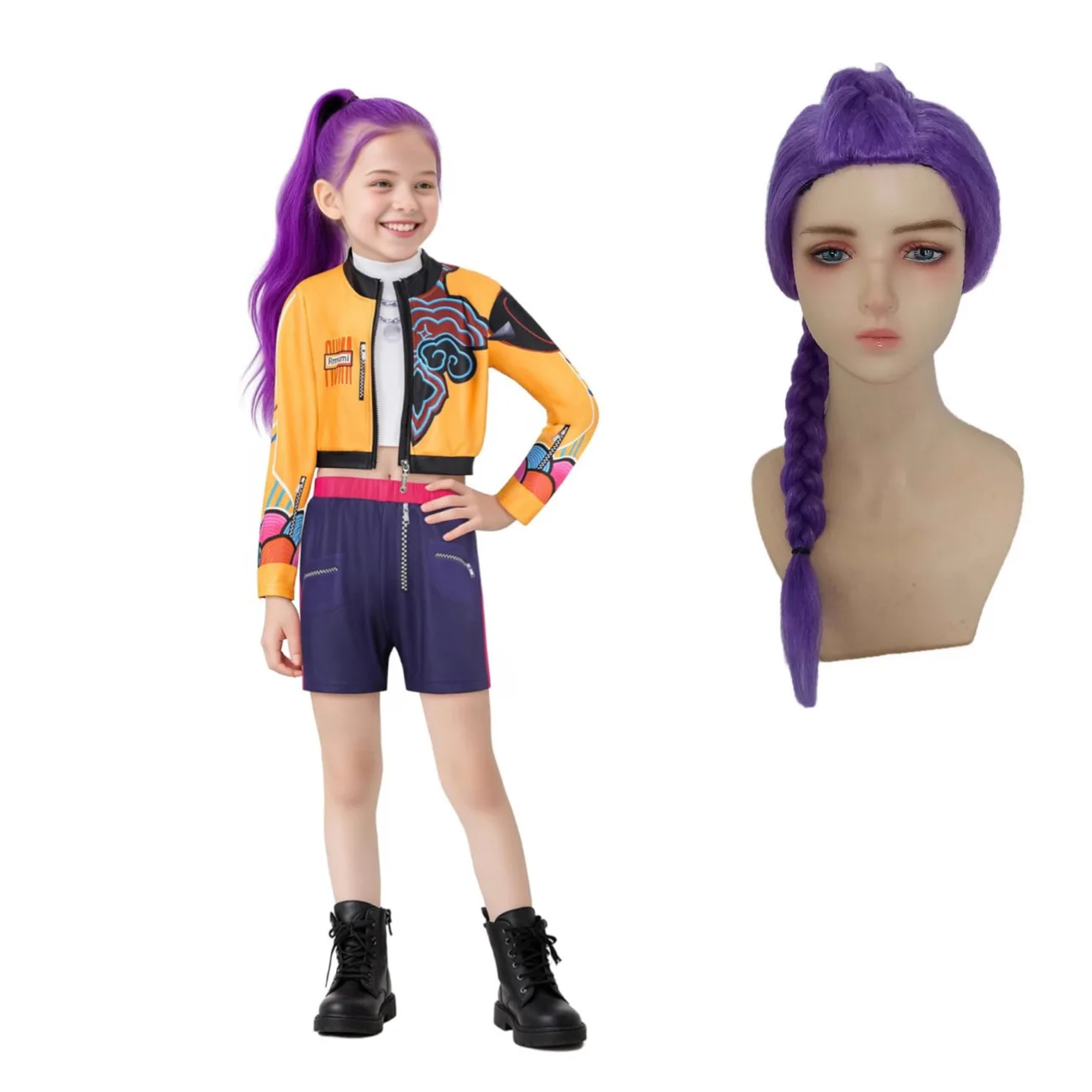 أزياء Kpop شيطان الصيادين رومي التأثيرية للأطفال معطف سترة شورت + شعر مستعار وحقيبة الهالوين للفتيات Huntrix Rumi بدلة أداء الأدوار #4