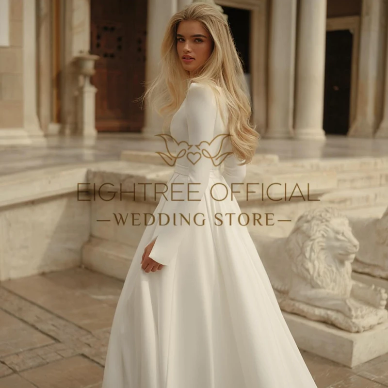 Eightree Sexy A-Linie Satin Brautkleider O-Ausschnitt Langarm Brautkleider Weiße Brautkleider Maßgeschneidert nach Maß Kleider