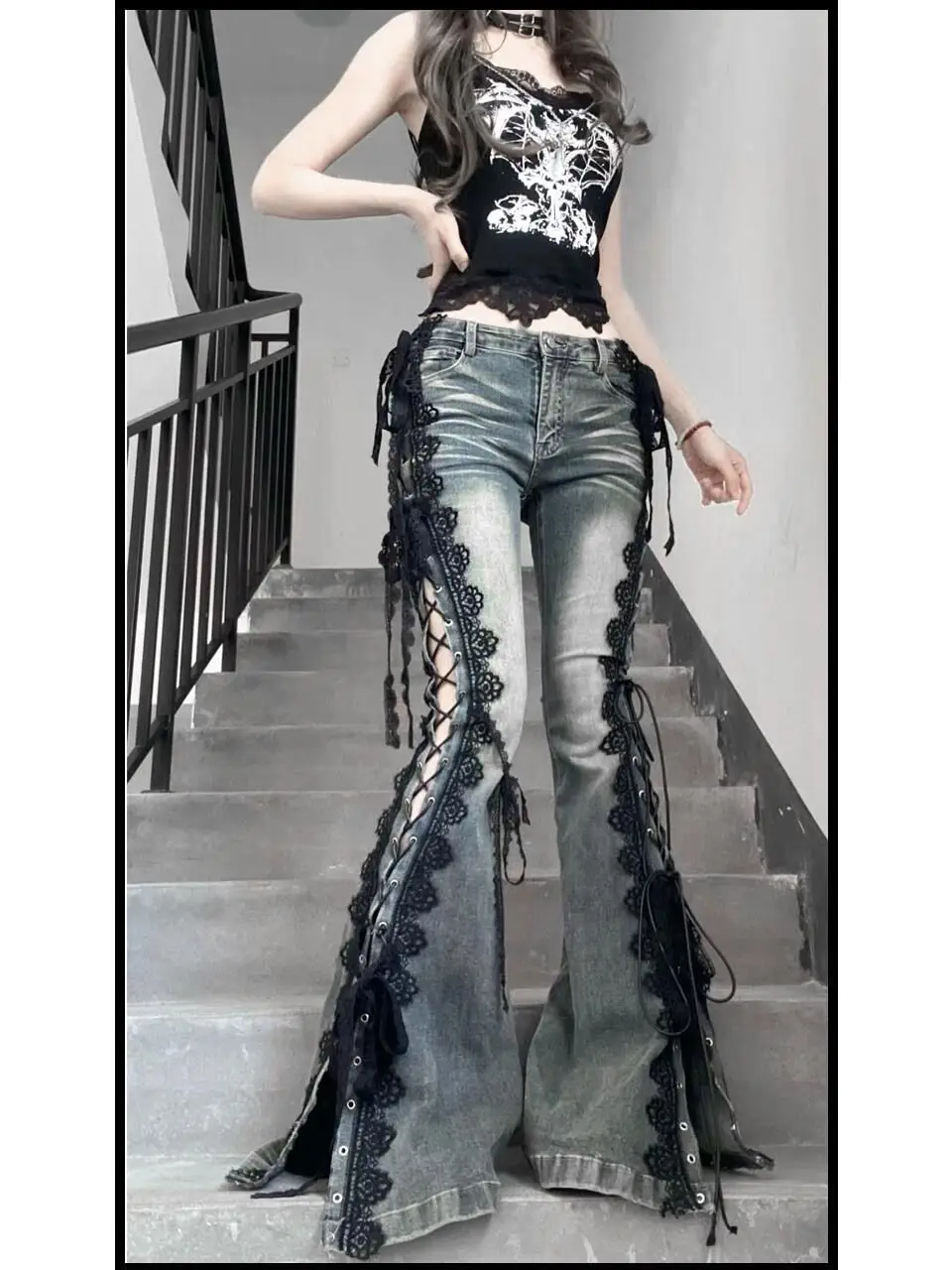 American Retro Lace Strap Slit Denim Bell-bottoms for Women, New Spring-summer 2025 Slim-fit Floor-length Jeans