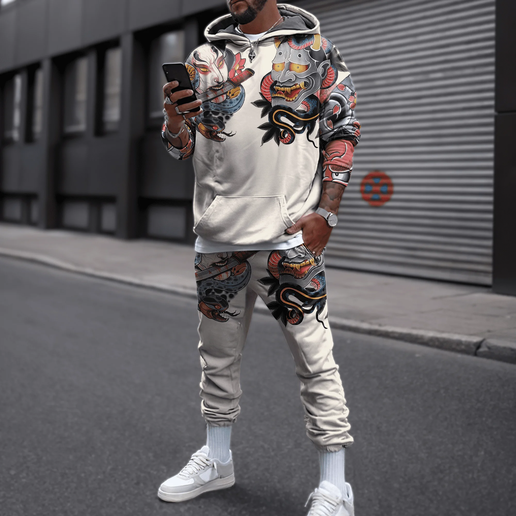 Japan Culture Mask Tattoo Costume 3D Printed Mens Sportswear Suit hoodies & Pants Combo Autumn Unisex Casual Tracksuit LMTZ05