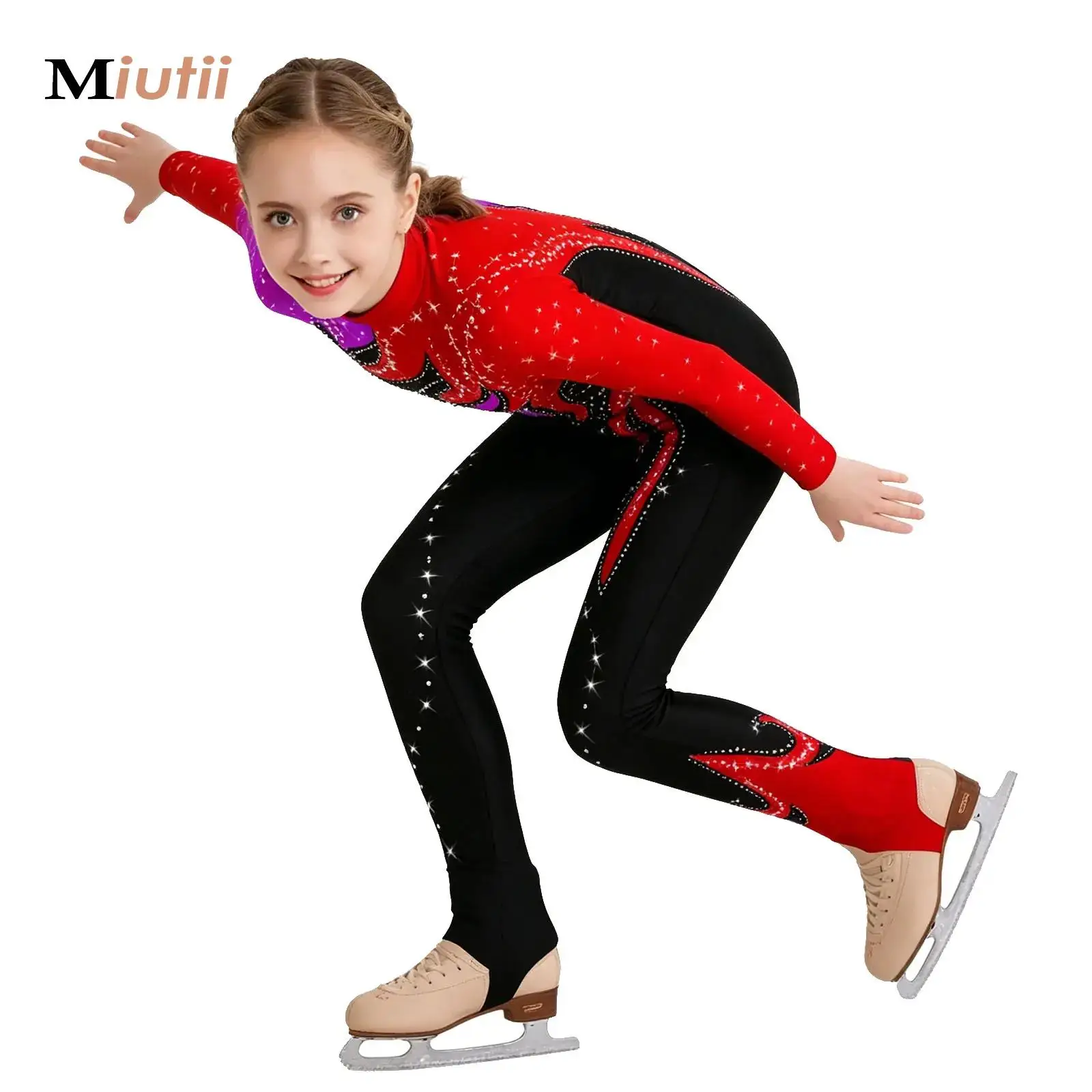 

Kids Girls Rhythmic Gymnastics Leotards Figure Skating Tights Performance Costume Long Sleeves Rhinestones Workout Jumpsuit