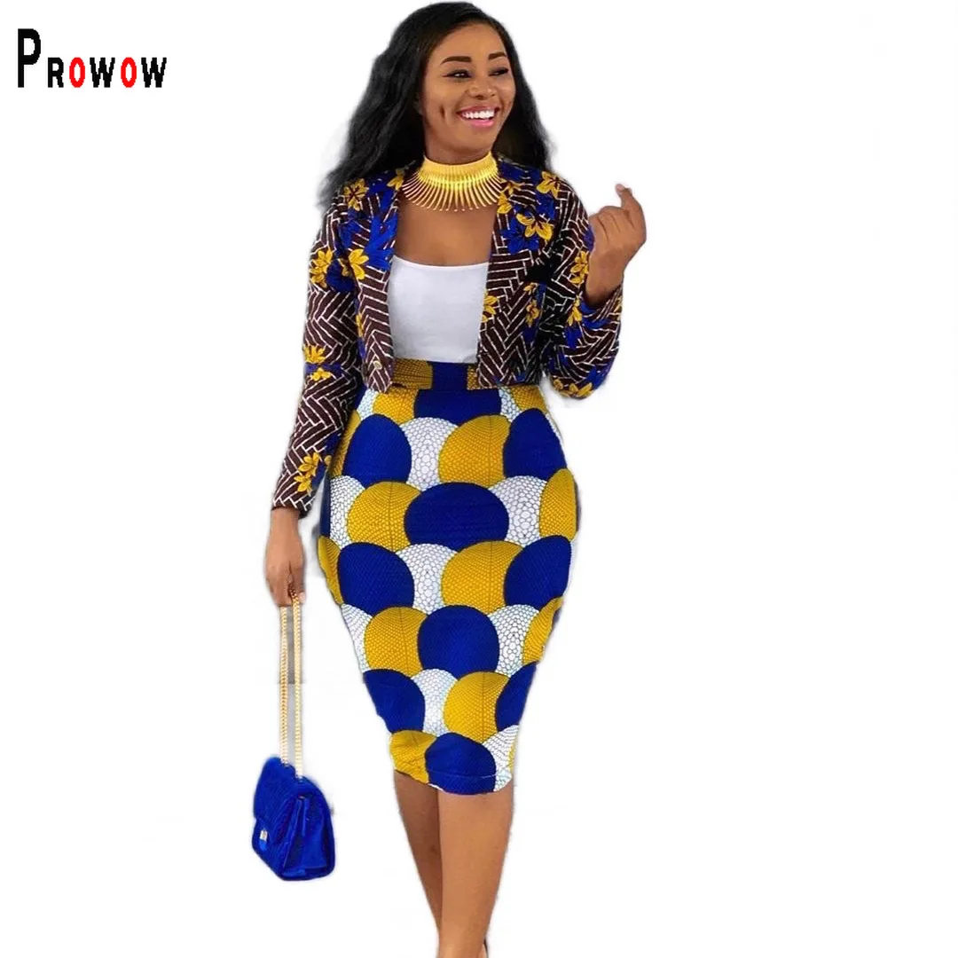 Prowow Fashion Print Women Clothing Set Long Sleeve Blazers Coat Skinny Skirt Two Piece Office Lady Suits Spring Summer Outfits