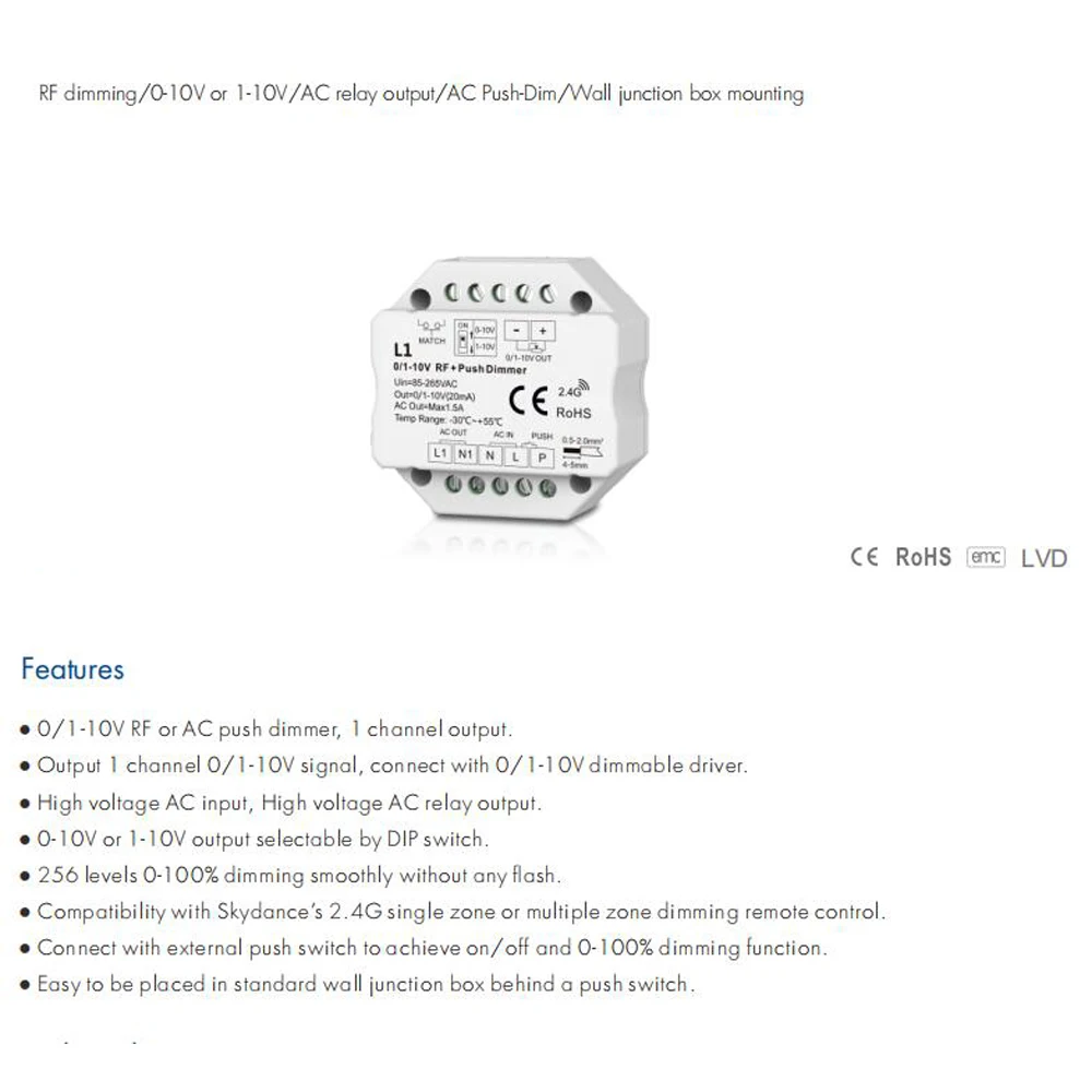 Controlador remoto de atenuación táctil RF para unidad de alimentación regulable, atenuador inalámbrico LED, interruptor de empuje, 0-10V, 1-10V, 2,4G, AC85V-220V