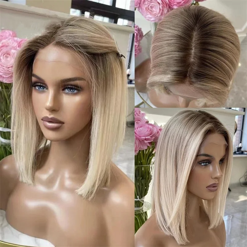 

Brown Rooted Blonde Lace Frontal Wig Bob Wig High Quality Heat Resistant Synthetic Hair Wig 14 Inches Ash Blonde Wig For Women