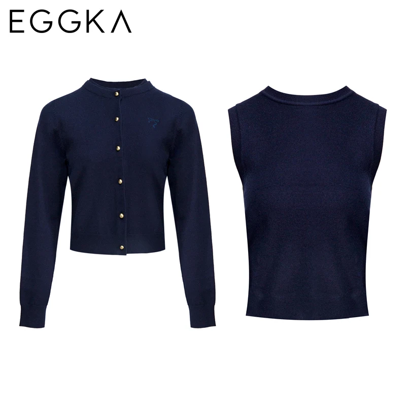 EGGKA Autumn Solid Elegant Knitwear Women Designer Celebrity Knitted Two-piece Sets Korean Fashion Slim Vest+cardigan 2024 New