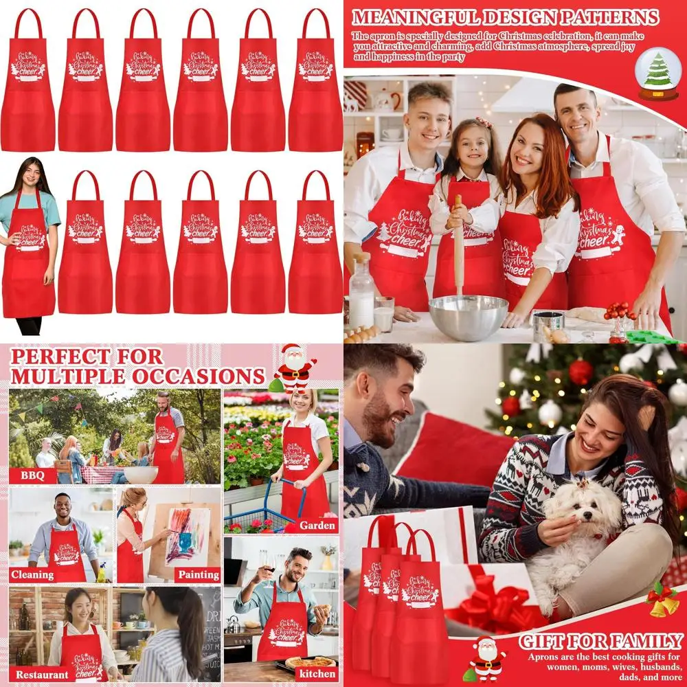 

Set of 12 Red Christmas Chef Aprons with Pockets, Adjustable for Unisex Use - Perfect for Kitchen, BBQ, and Holiday Cooking