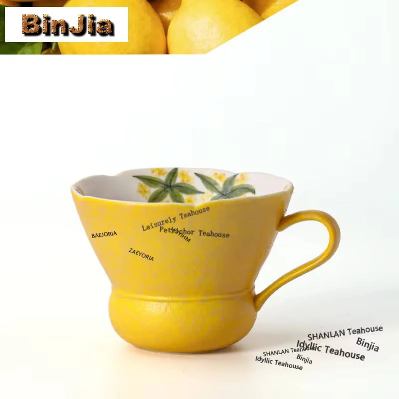 100ml Hand-painted Osmanthus Lemon Yellow Side Handle Teacup Zen Tea Bowl Mug Tea-tasting Smelling Cup Jianzhan Master Cups Cafe