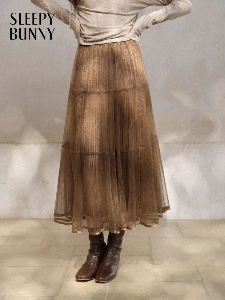 

Elegant High Waist Mesh Skirt Pleated A-Line Midi Skirt Women Autumn Chic Elastic Waist Flowing Layered Tulle Skirt for Petite
