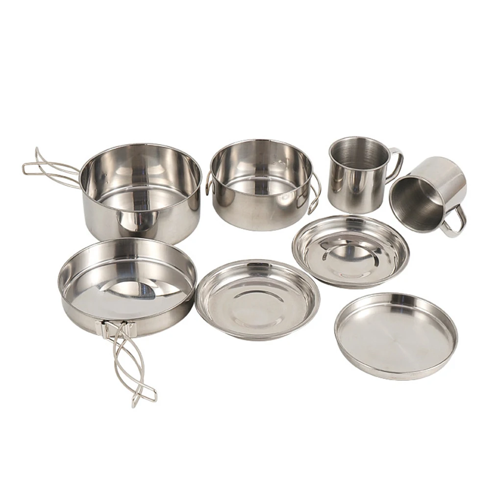 

Outdoor Stainless Steel 8-piece Pot Hiking Camping Portable Set Bowl Barbecue Pot 5-6 Person Folding Combination Set