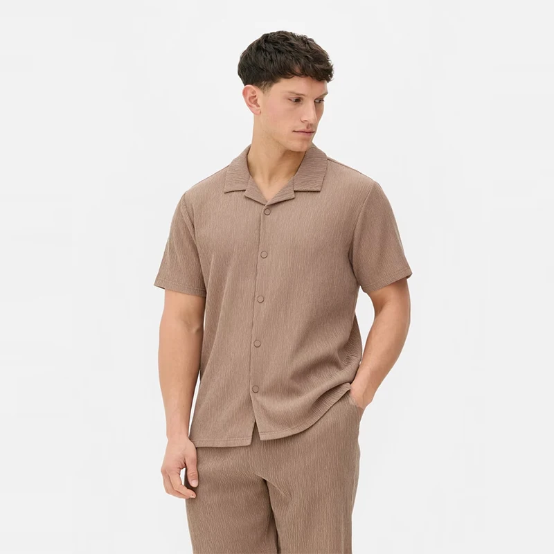 

Cuban Collar ort Sve irt Men's Summer Thin Elastic f Sve Pleated Stripe Breathable Lightweight Casual irt