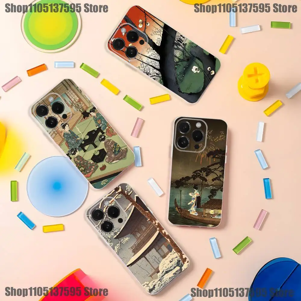 

Japan Style Ukiyo-e Phone Case For iPhone 17,16,15,14,13,12,11 Pro,Max,Plus,X,XS,XR,SE4,E Mini Transparent Soft Cover