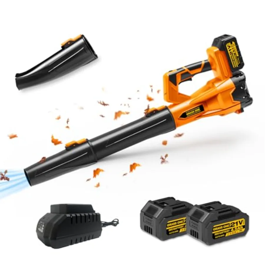 

Cordless Leaf Blower 450CFM/125MPH Six-Speed Adjustment 2 * 4.5Ah 21V Batteries High Power Copper Wire Motor with 3 Tube Lightw