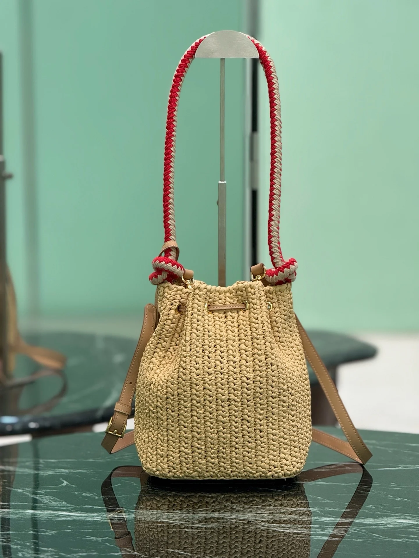 

Handwoven Straw Bucket Bag Drawstring Cotton Rope Contrast Handles 2 Adjustable Straps Summer Spacious Women Shoulder Handbag