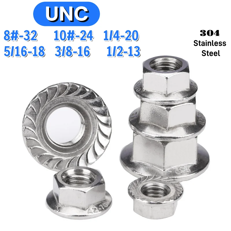 Beicai Unc 304 Stainless Steel Hexagon Flange Nut Serrated Spinlock Flange Nuts 8#-32 10#-24 1/4-20 5/16-18 3/8-16 1/2-13