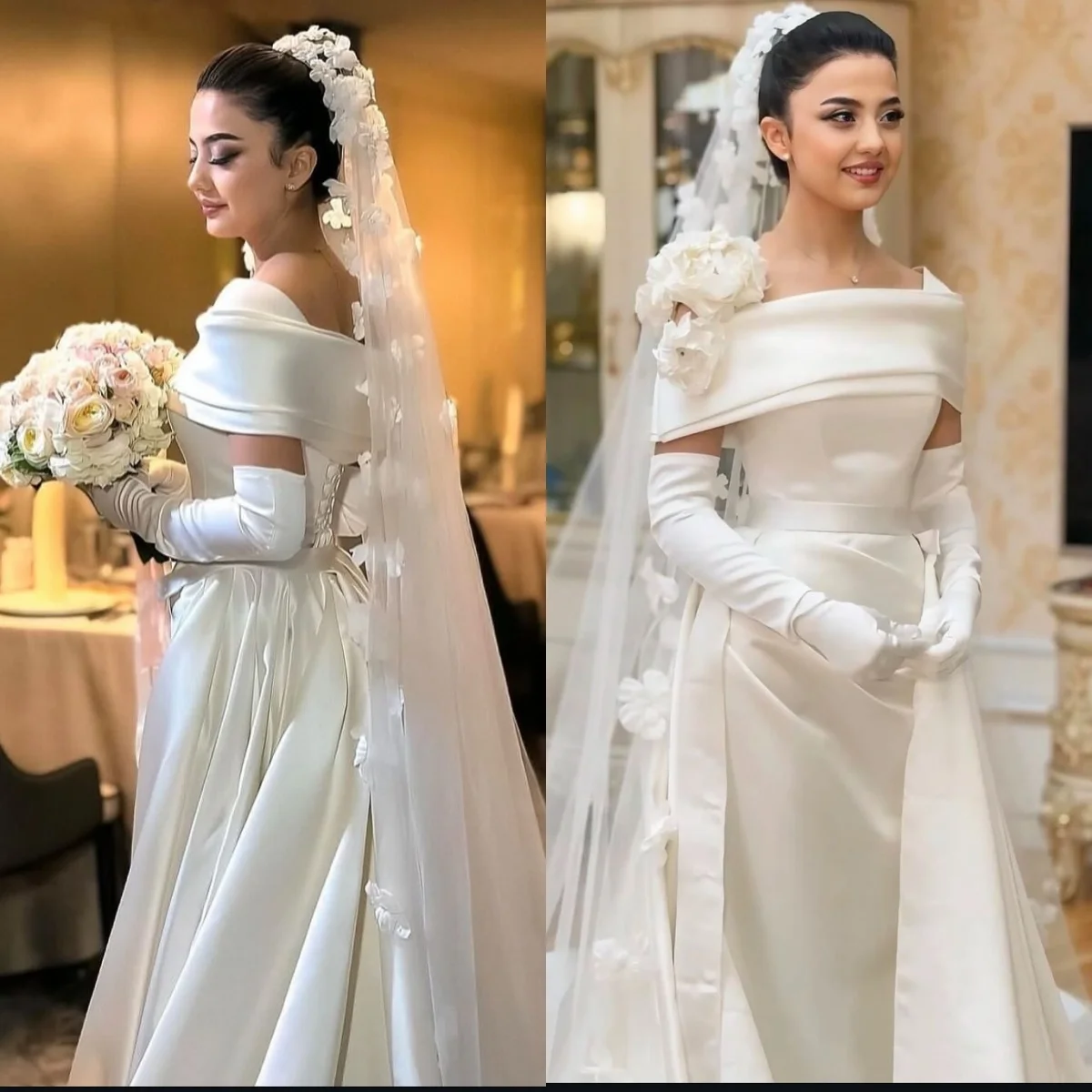 Gaun Pengantin Klasik Putih Sederhana yang Dapat Disesuaikan, Gaun Pesta Pengantin Satin Berkualitas Tinggi yang Lembut, Model Off-Shoulder dengan Detail Ruched