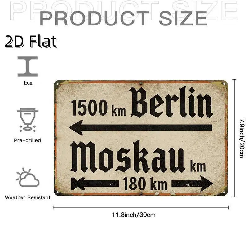 2D Flat Berlin Moskau Distance Metal Wall Sign, Unique Retro Design Decor for Basement & Workshop
