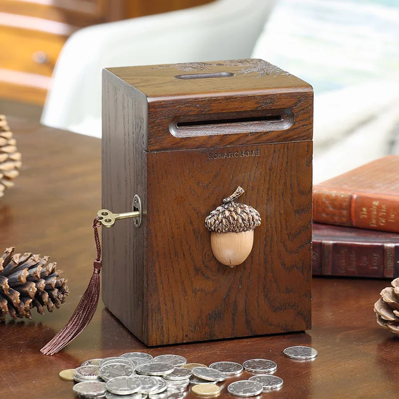 

Solid Wood Coin Bank Large Capacity Storage Tank with Lock