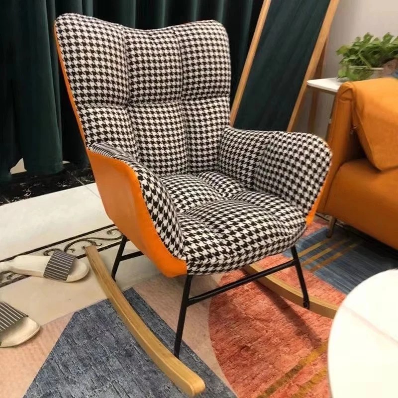 Qiandongge Patchwork Orange Fabric Modern Rocking Chair High Density Foam Spacious Seat Metal Legs Comfortable Bench