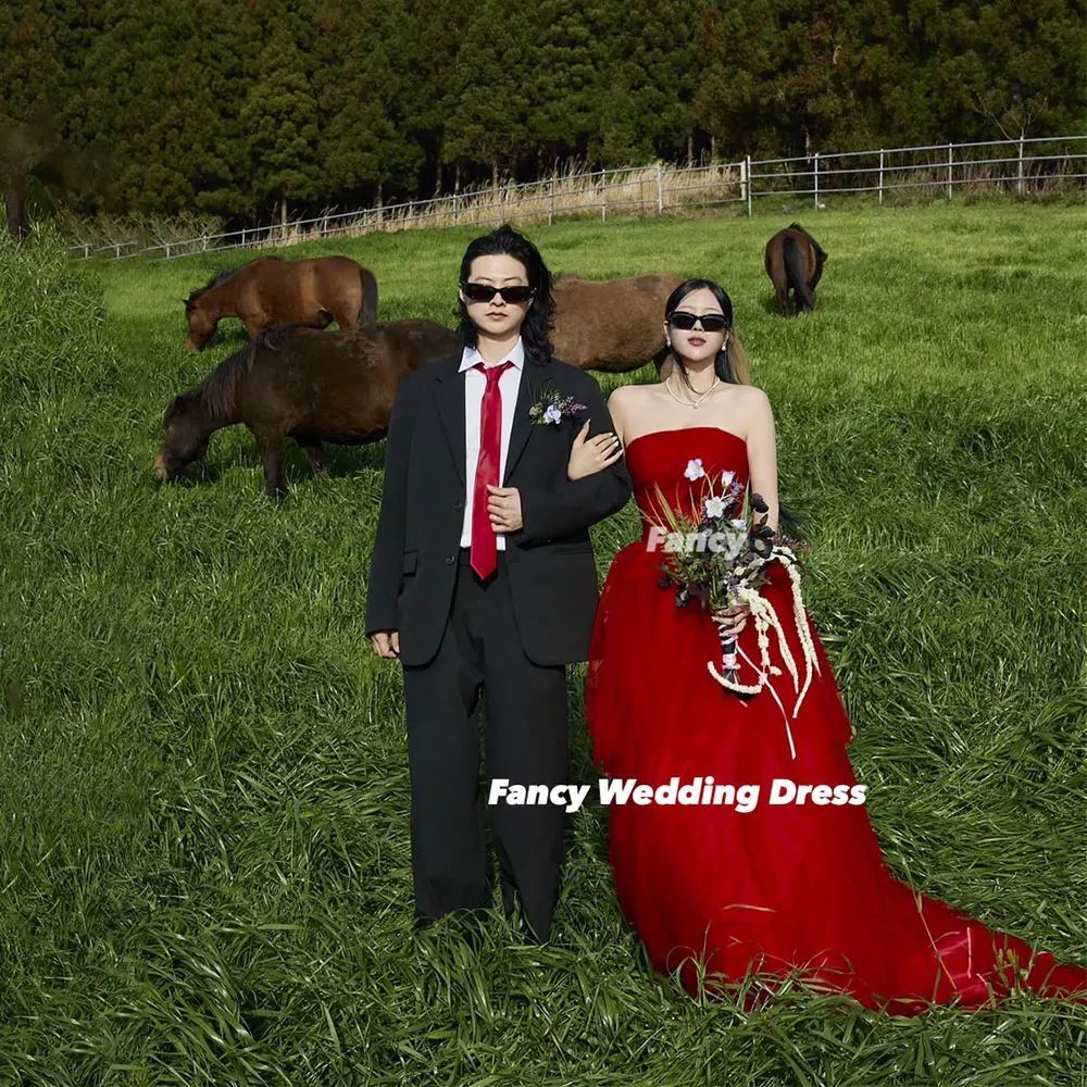 Fancy Princess Red Strapless Korea Wedding Dress Photoshoot A Line Soft Tulle Bridal Gown Floor Length Back Corset Customized