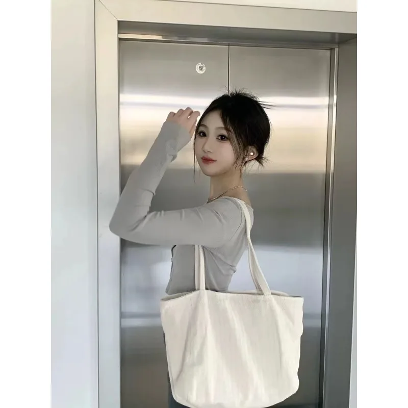 

Large Capacity Bag Female New Style Canvas Commuting Tote Bag Fallow Simple Portable Shoulder Bag Solid Color Refreshing