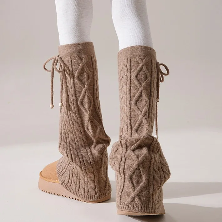 Alças com cordão, capas de meias de perna larga de lã espessada, capas de pé de malha quente e capas de bota femininas