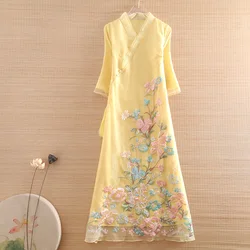 High-end Spring Summer Women Organza Dress Retro Elegant Embroidery 3/4 Sleeve A-line Lady Party Hanfu Dress S-XXL