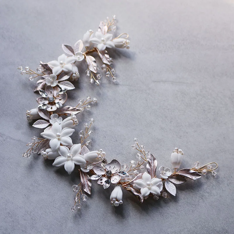 

Ceramic Flower Bridal Headband Tiara Wedding Headpieces Gold Silver Color Bridesmaids Women Hair Jewelry