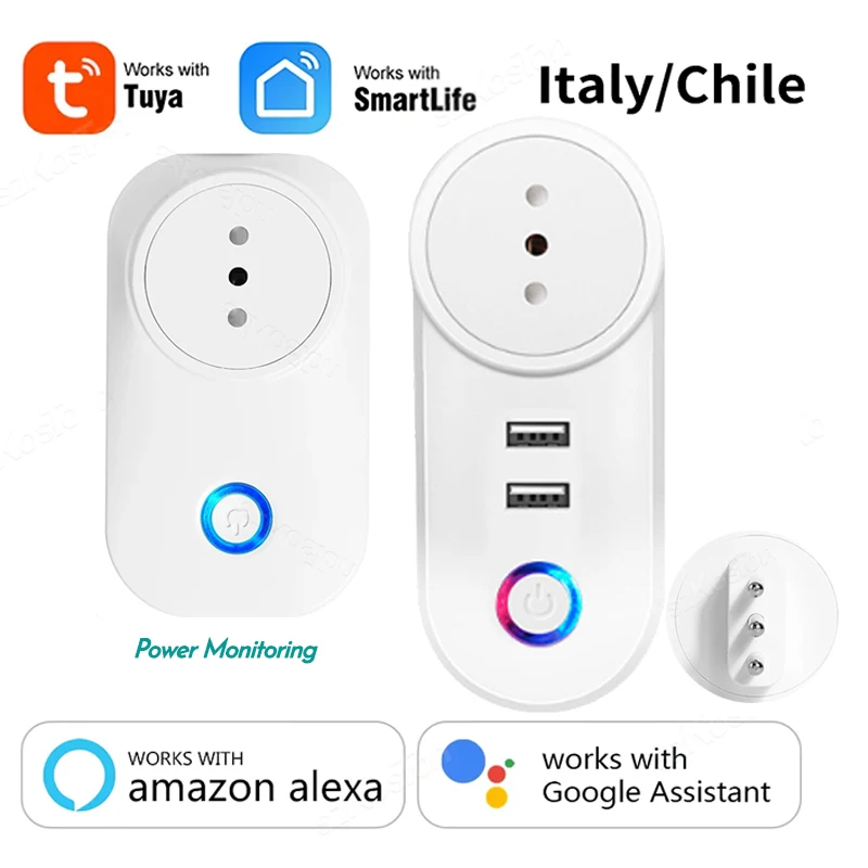 16A Chile Italy Wifi Smart Socket Tuya Smart Life APP Wireless Smart Plug with Power Monitor Timer Voice Works with Alexa Google