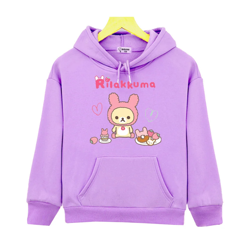 Rilakkuma Cute Bear Pink Strawberry Donuts Clothing Sweet Girls Baby Kids Hoodies Anime Windproof Anti Bacterial Daily Pullovers