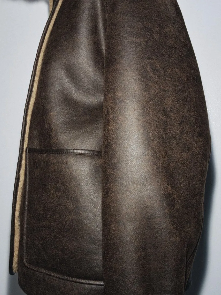 معطف نسائي طويل من الجلد الصناعي الناعم من Faionable بلون القهوة العميقة من Jaet PU مصنوع من جلد الدفء